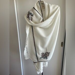 New Fabindia style Hand Embroidered Kashmir Wool Shawl White Brown Black Unisex